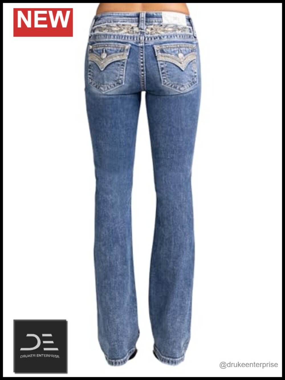 Mid-Rise Bootcut Jeans with Faux Flap Pockets, Leather Applique, Embellished